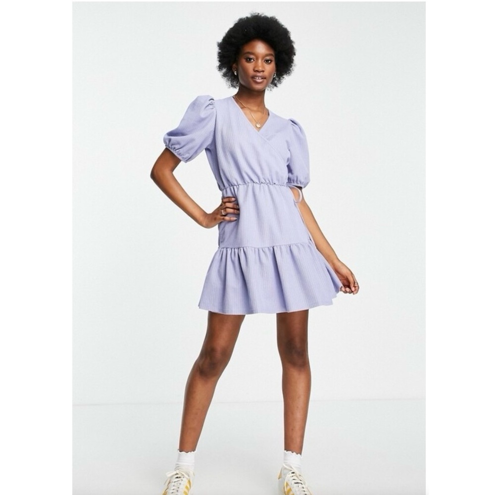 & Other Stories Organic Blend Cotton Jersey Wrap Tiered Mini Dress in Dusty Blue